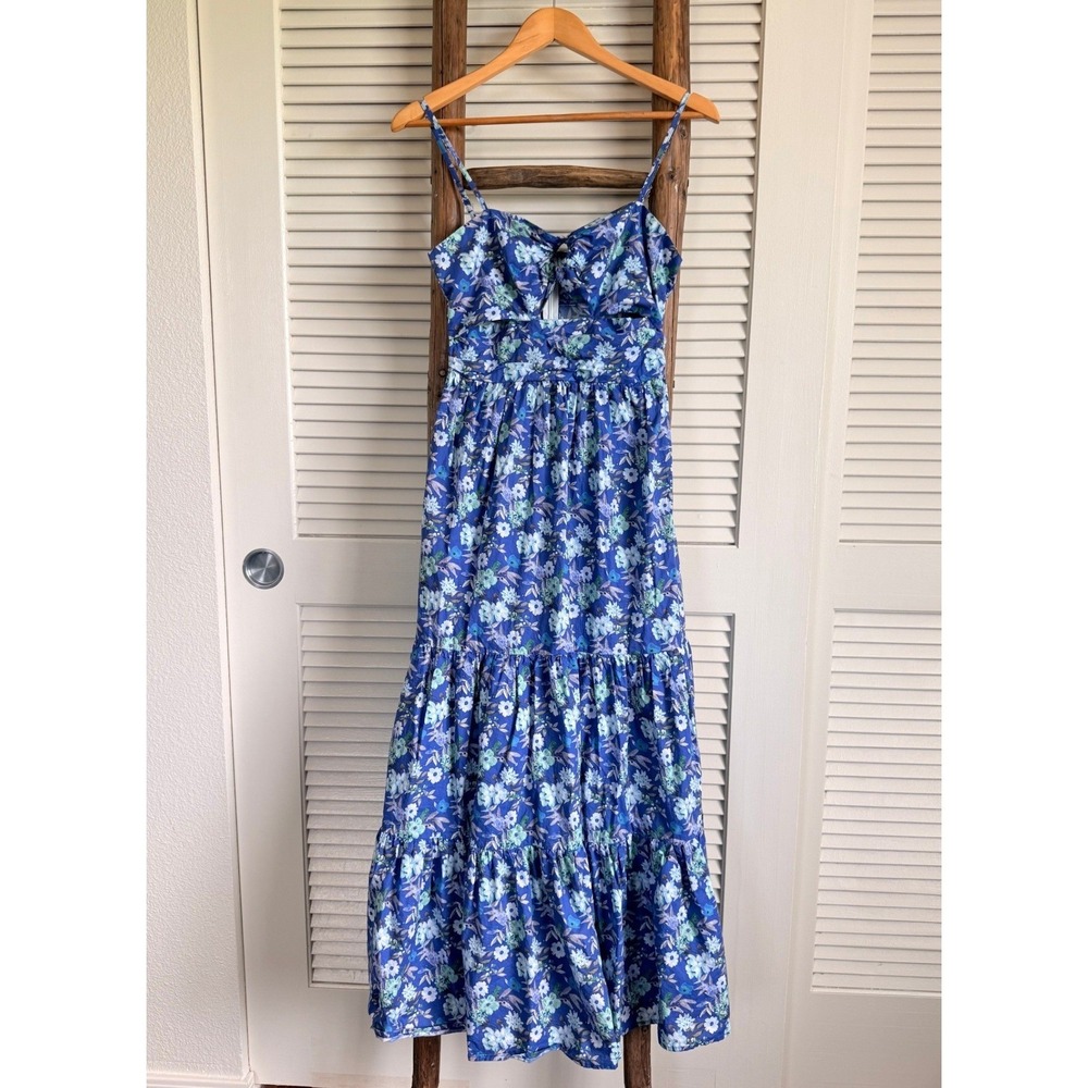 FORE Floral Cotton Maxi Dress S Blue Tiered Cutout